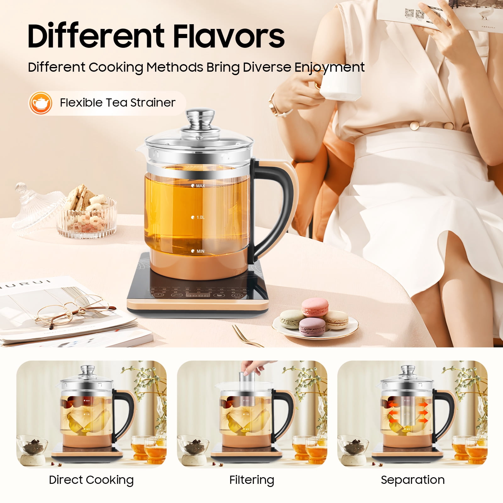 Electric Tea Kettle, 1.8L/0.4Gal Health Pot Electric Glass Kettle w/Filter+ Digital Heating Base, BPA-FREE & Boil-Dry Protection for Boiling Water Tea, Coffee