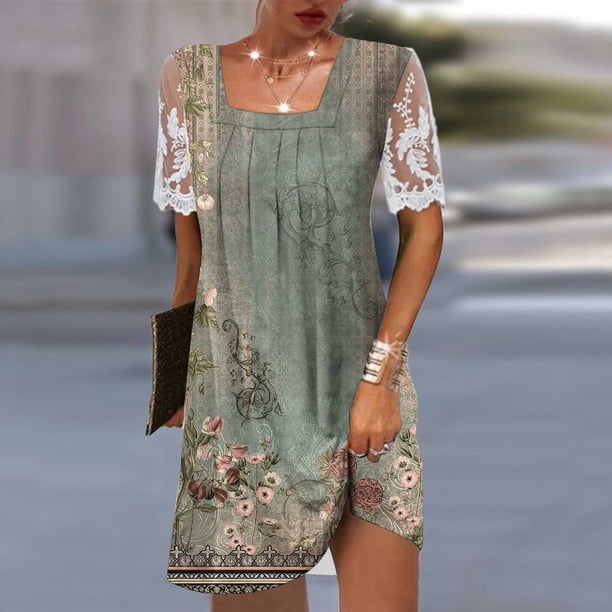 ICHUANYI Clearance Fashion Women's Casual Short Sleeve Lace Square Neck Ladies Pleated Dress Dresses(Khaki, XXL) ICHUANYI WER2023080915578