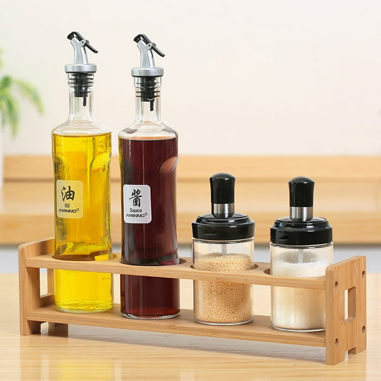 Seasoning Bottle Set Condiment Holder Seasoning Rack Four-in-One Oil  Vinegar Dispensers Salt Pepper Shakers Glass Cruet Set with Convenient  Caddy Stand Stainless Steel Tops