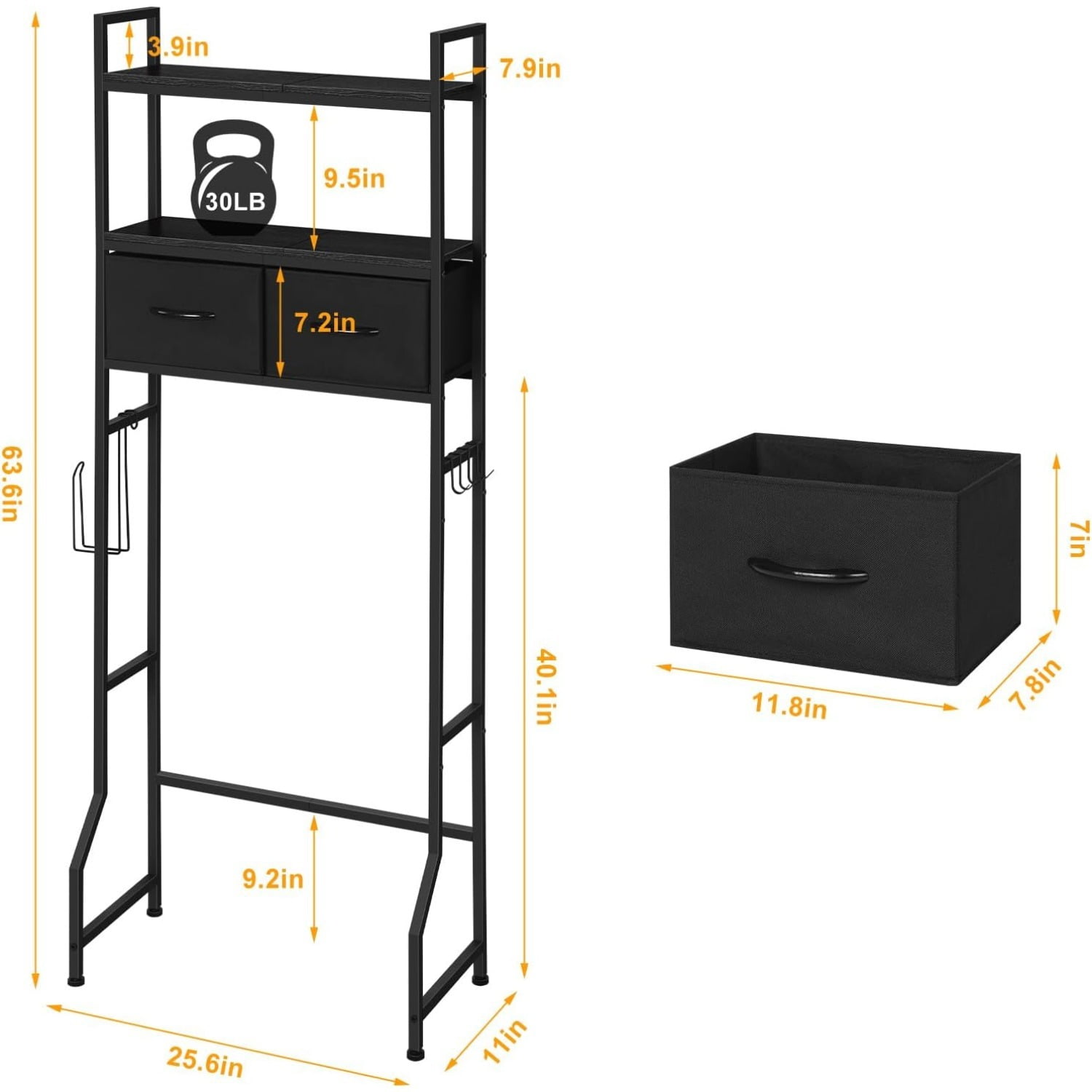 3-Tier Over Toilet Shelf with Storage Baskets,Over The Toilet Storage Cabinet, 3-Tier Bathroom Organizer with Fabric Drawers & Hooks, Freestanding Shelf for Bathroom and Laundry Room