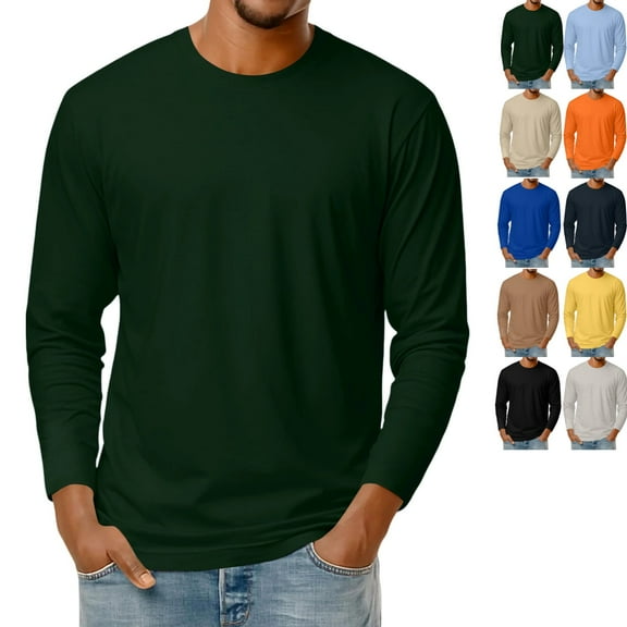 LNZGNM Mens Long Sleeve Tee Shirts Casual Big and Tall Crew Neck Shirts Basic Cotton Blend Tshirt Lightweight Loose Fit Tee Shirts, Dark Green L