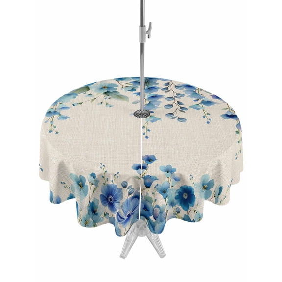 Outdoor Tablecloth with Umbrella Hole and Zipper, Spring Blue Floral Round Table Cloth 60 Inch Waterproof Tablecloth, Farmhouse Weeping Floral Leaves Burlap Picnic Table Cover for Patio Camping