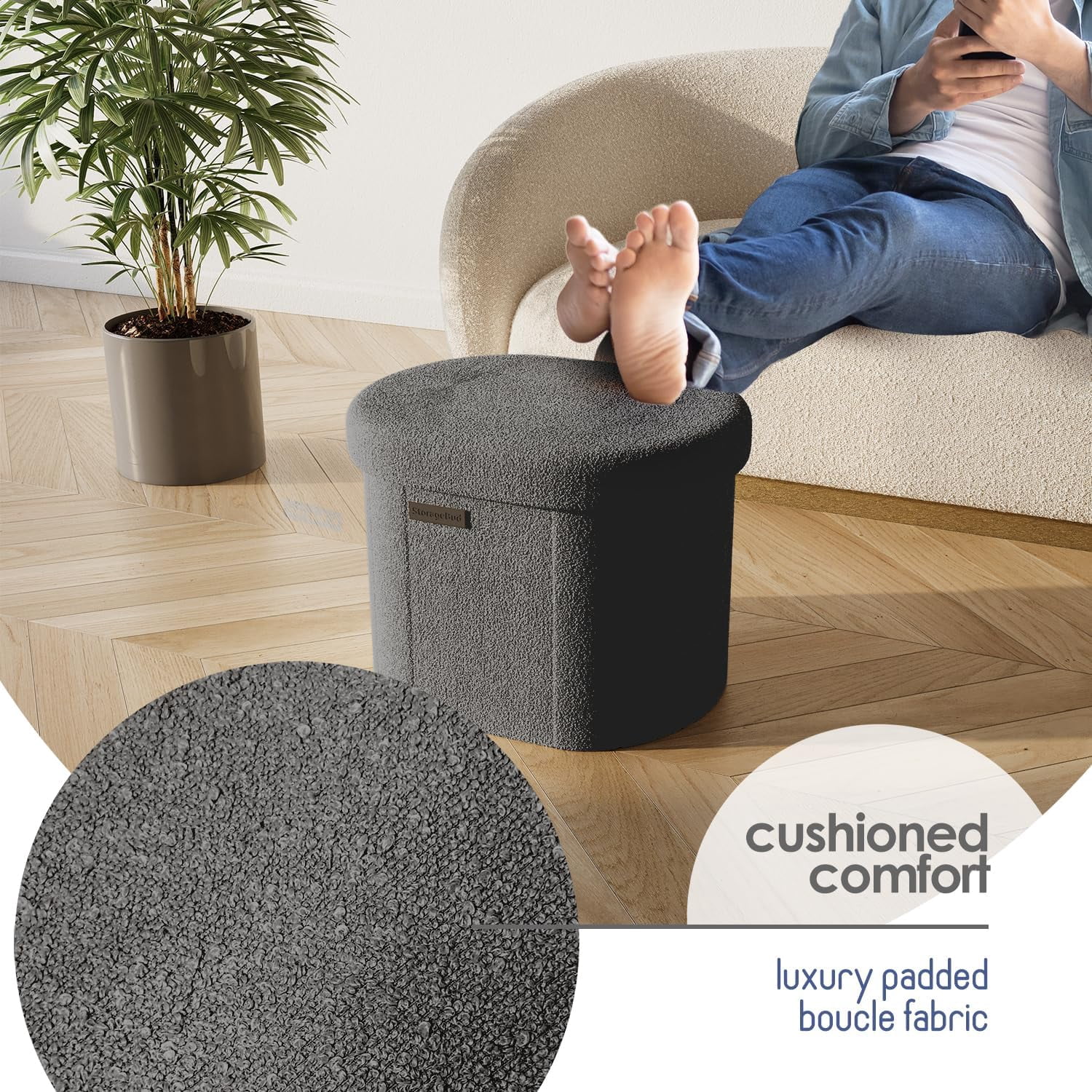 Round Ottoman with Storage for Living Room, 18 Inch Storage Ottoman, Small Ottomans Foot , Boucle Foot Stool Ottomans  330lbs,