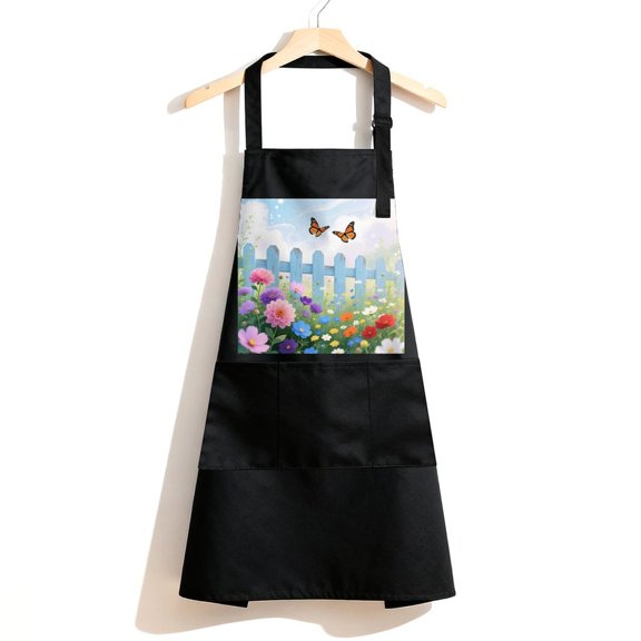 RKSupls Waterproof Bib Apron with 3 Pockets, Purple Floral Flowers,Pink Botanical Butterfly Adjustable Neck Strap Soft 100% Polyester Water Resistant Apron for Kitchen Restaurant Home Use