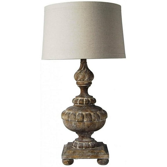 Table Lamp Distressed Antique Natural Wood Hiroshi Hand-Carved Carved