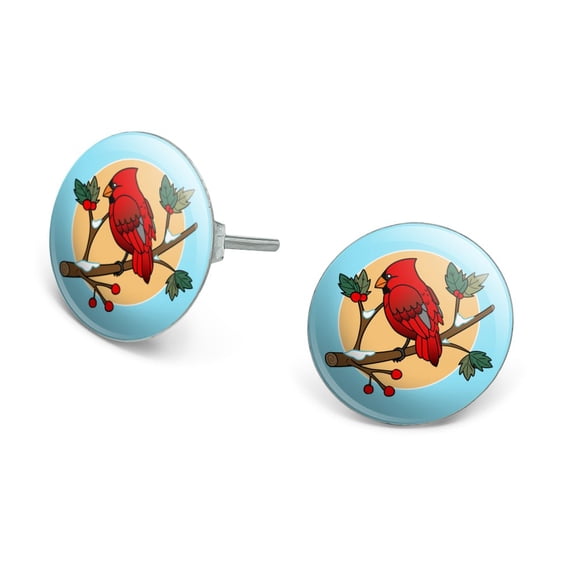 Red Cardinal on Snowy Holly Branch Novelty Silver Plated Stud Earrings