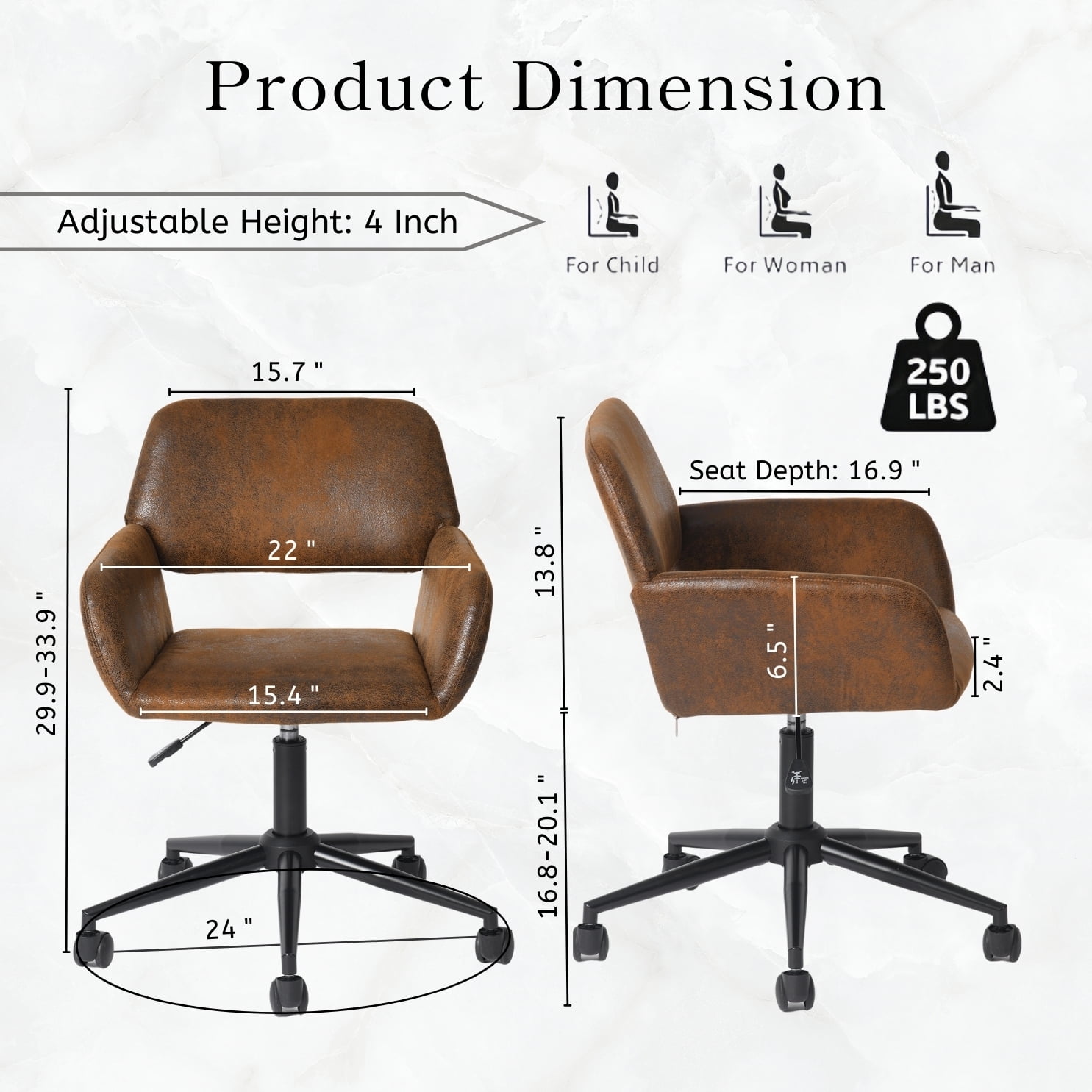 Homy Casa Adjustable Swivel Desk Chair, Modern Office Chair with Armrest for Home & Study, Suede Brown