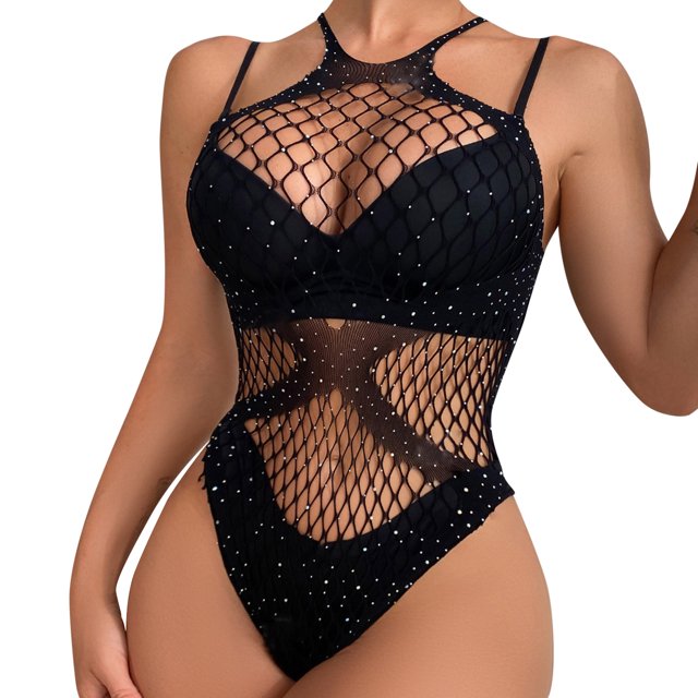 gibobby conjunto de lencería de encaje conjunto de lencería de malla, conjunto de lencería de encaje transpirable color block sujetador suave y elegante para mujer(negro, talla única) Lencería negra de una pieza, vista frontal centrada con copas push-up y tirantes ajustables; cuerpo de malla tipo red con paneles de encaje y pequeñas piedras decorativas, corte alto de pierna y cintura definida sobre fondo blanco. Talla única, material nylon y spandex; a menudo usada en ocasiones íntimas.