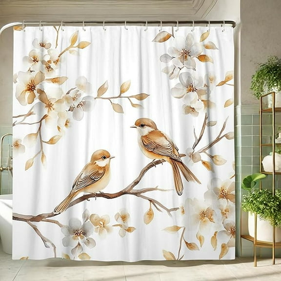 Birds Shower Curtain, Watercolor Beige Cream Spring Bath Curtain For Bathroom Decor, Modern Minimalist White Fabric Shower Curtain Set With Hooks 72"W x 84"L
