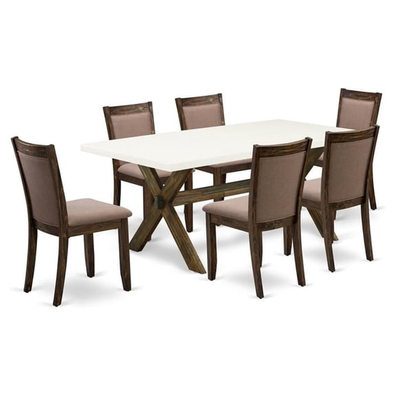 East West Furniture X727MZ748-7 7 Piece Modern Dining Set - A Dining Table with Trestle Base and 6 Coffee Dining Chairs - Distressed Jacobean Finish