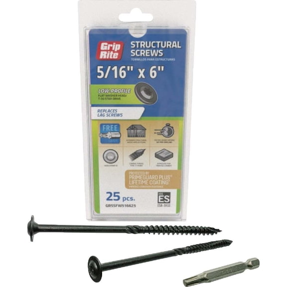 Grip-Rite GRSSFW516625 Grip-Rite PrimeGuard Plus 5/16 In. x 6 In. Flat Washer Head Structure Screw (25-Count) Black