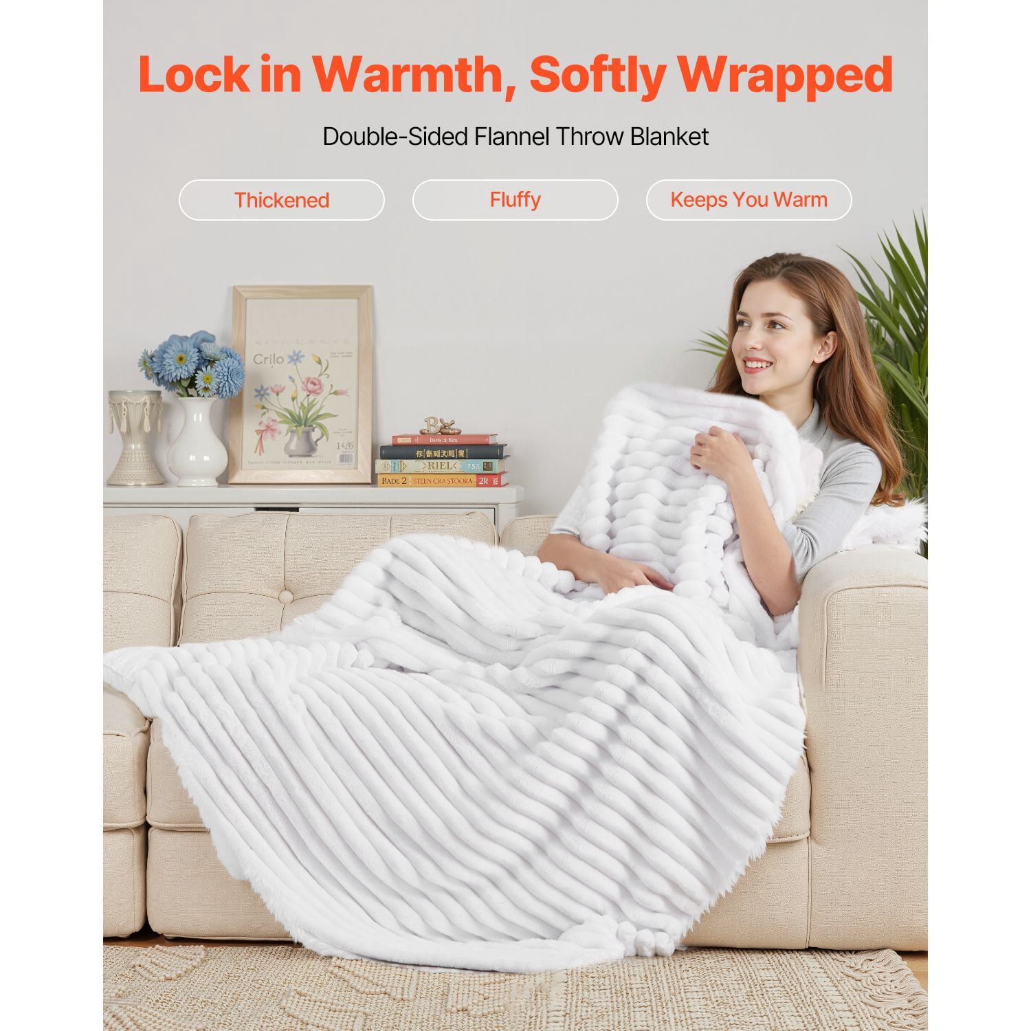 Double-Sided Fleece Blanket 50x60 Inches, Soft and Skin-Friendly Flannel, Lightweight and Warm, Machine Washable, Classic White Ribbed Design for Home and Travel