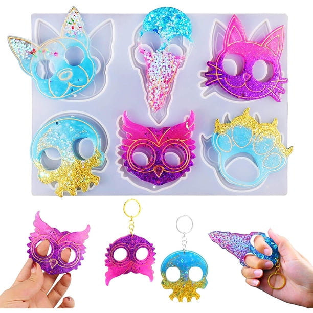 Molde de resina para llavero de autodefensa, molde de fundición epoxi de silicona anti-lobo con 10 llaveros para hacer joyas, colgantes, manualidades de cristal (garra de gato, búho, calavera, perro) Xemadio WMZL-1072