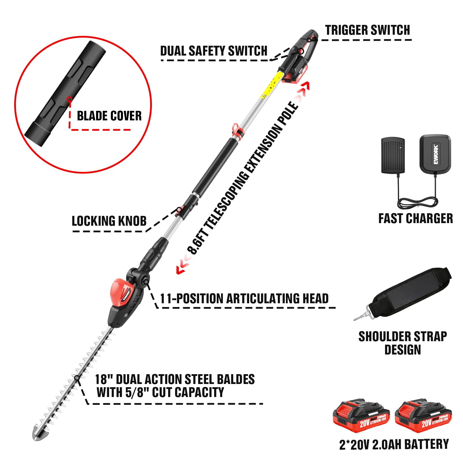 EWORK 20V Cordless Pole Hedge Trimmer, 18-inch Blade, 11-Angle Pivoting Head, 6.3-8.6 ft Reach, 6 lbs, 2 Batteries and Charger Included