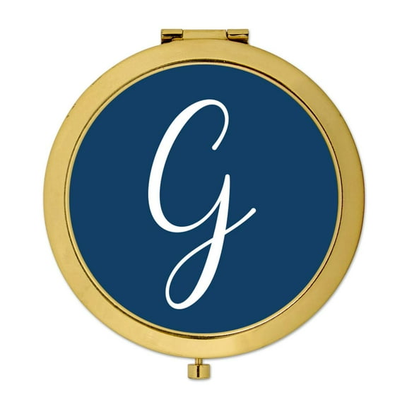 Koyal Wholesale Gold Compact Mirror Bridesmaid's Wedding Gift, Navy Blue, Monogram Letter G, 1-Pack