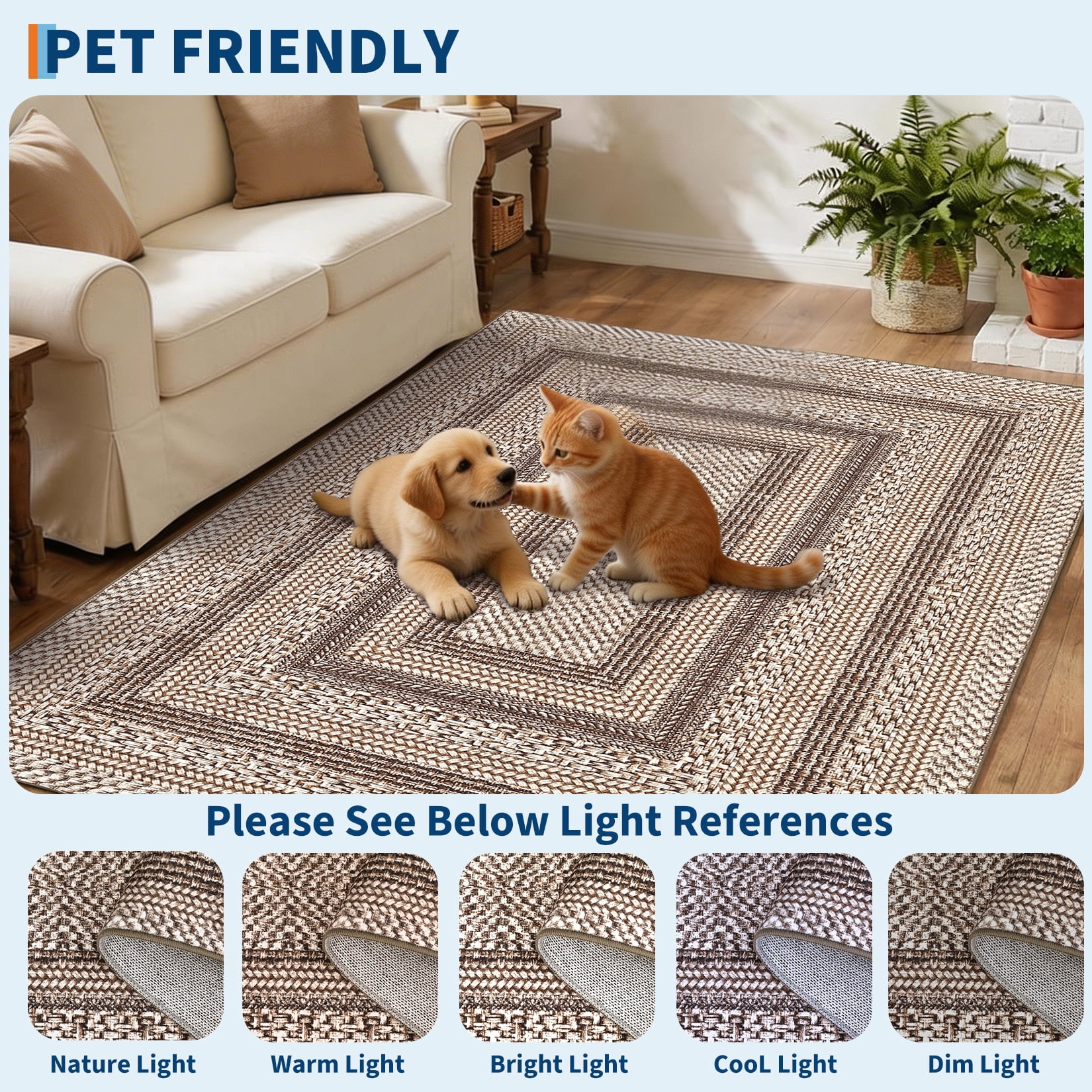 HIWEAVER Brown Foldable Area Rug for Living Room 4' x 6' Washable Bordered Digital Printed Geometric Indoor Carpet Decor
