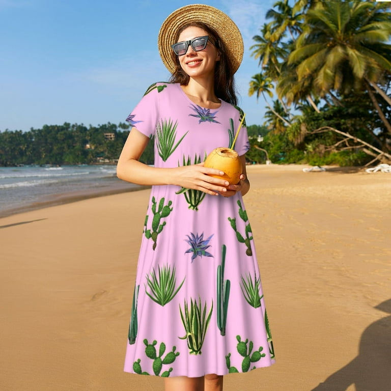 ZHBwal Spring Summer Dresses for Women 2025 - Cactus Aloe Vera Wedding Guest Dresses, Beach Vacation Clothes, Hawaiian Sundresses Casual Short Sleeve