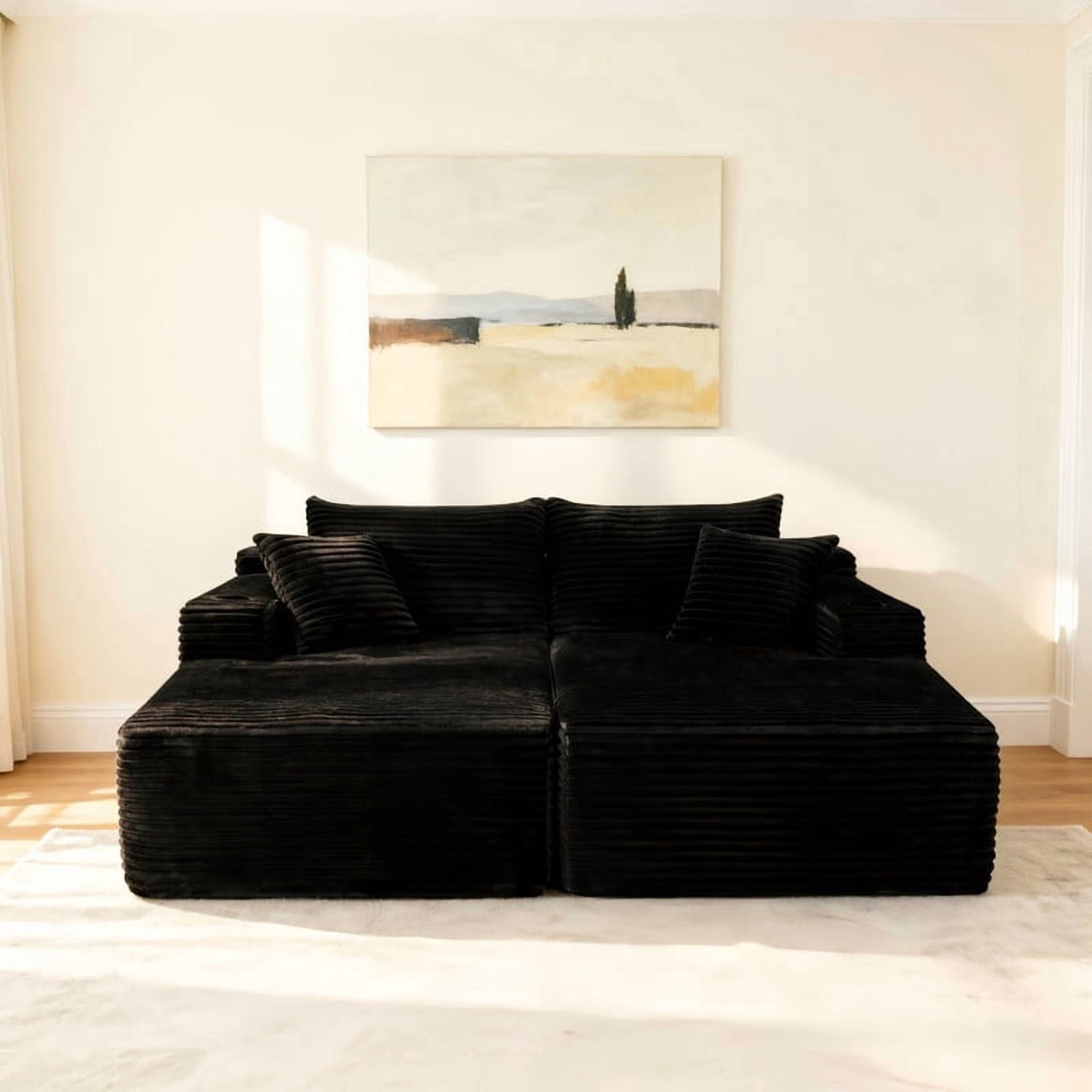 2-Seater Double Chaise Lounge, Deep Seat Upholstered Floor Couch, Boneless Loveseat Sofa with Cup Holder & Storage Pocket