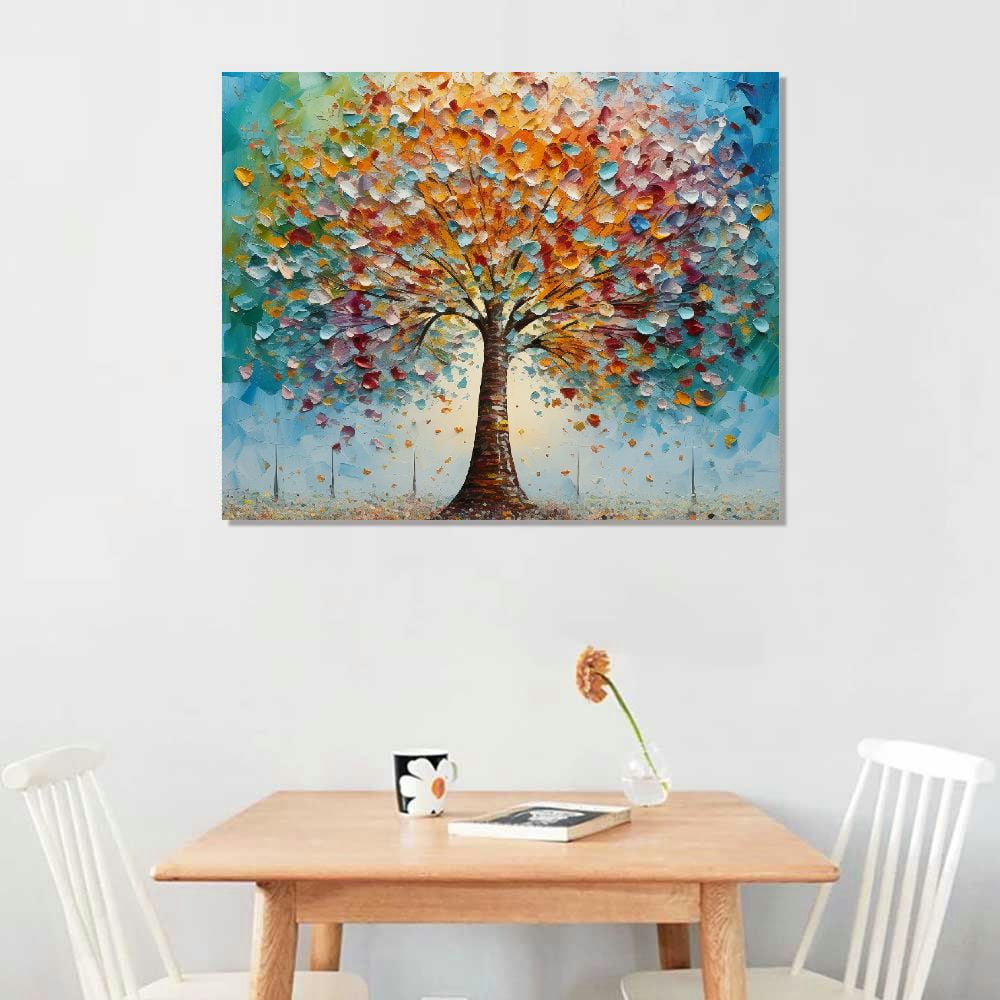 Abstract Tree of Life Canvas Wall Art, Large Colorful Leaf Tree Painting, Farmhouse Modern Textured Artwork for Bedroom Living Room Office, Ready to Hang