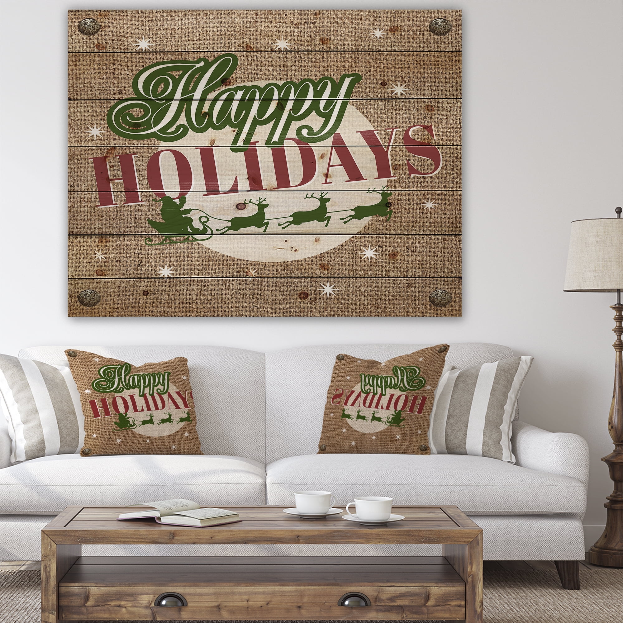 Designart 'Happy Holidays Christmas Wish on Burlap' Print on Natural Pine Wood