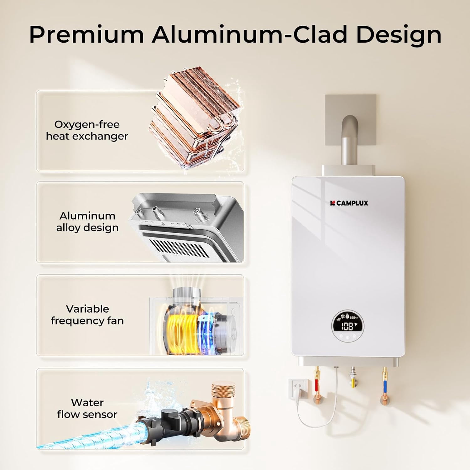 CAMPLUX 3.18GPM 82,000BTU Propane Indoor Tankless Water Heater For 2-3 Points Use, With Horizontal Vent Pipe, CA318W-LP