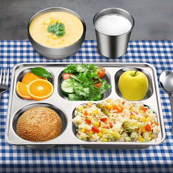 20 Pcs 304 Stainless Steel Plates and Bowls Sets with Cups, Spoons, Forks, Compartment Trays  Divided Plates Reusable Tableware for Home, Camping, Travel, Restaurant