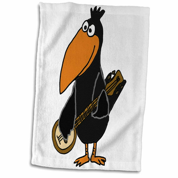 3dRose Funny Cute Black Crow Bird Playing Banjo Cartoon - Towel, 15 by  22-inch 