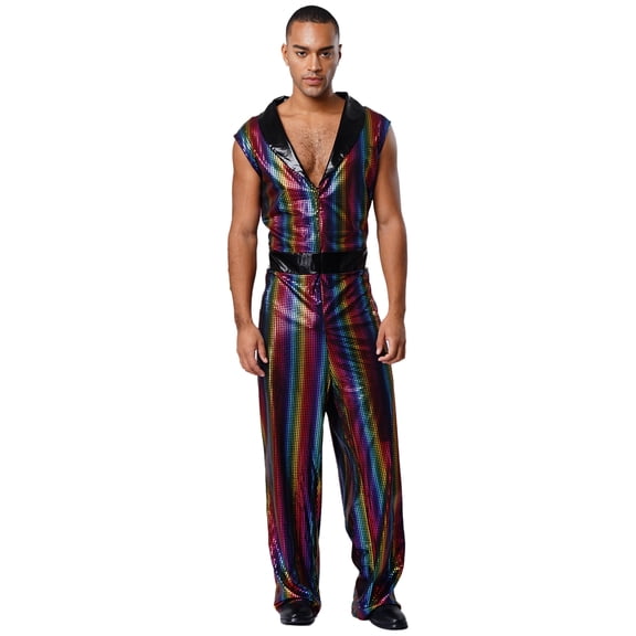 Hansber Men's Retro 70s Outfit Disco Dance Jumpsuit Sleeveless V Neck Hippie Style Bodysuit for Stage Rainbow XXL