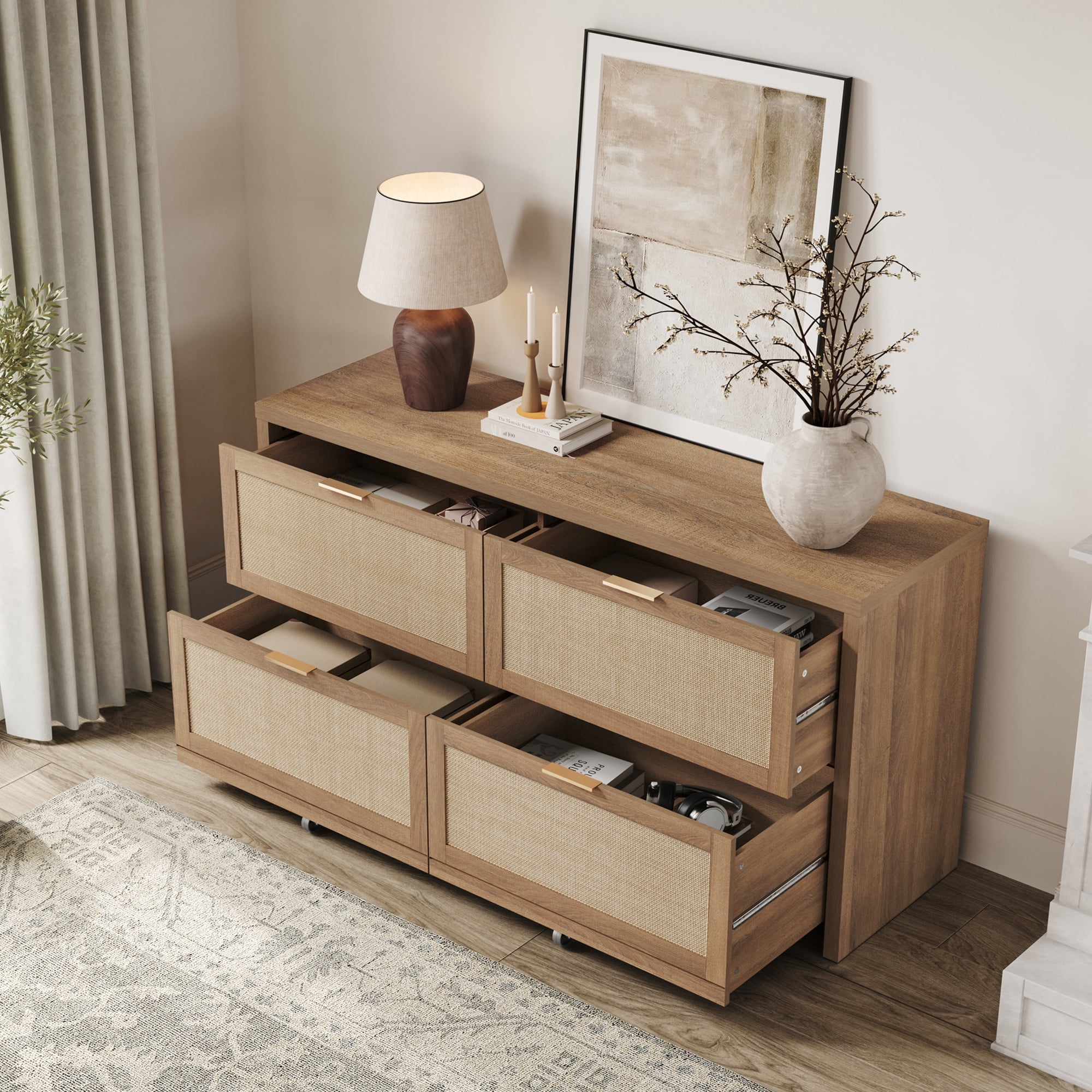 SICOTAS 60.83" Wide Large 4 Drawer Dresser for Bedroom, Oversized Rattan Dressers with Gold Handles & Rolling Wheels, Boho Dresser TV Stand up to 70" TV for Living Room, Oak