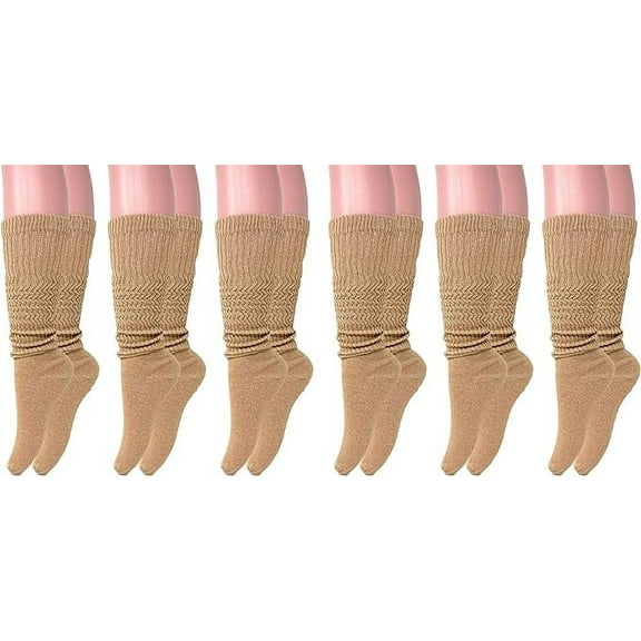 Long Cotton Lightweight Slouch Socks for Women Shoe Size 5 to 10 6 Pairs (Beige)