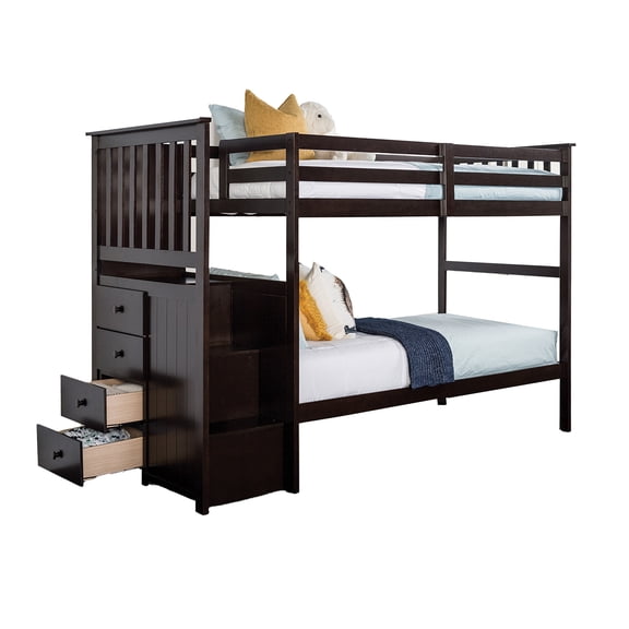 Riyo Twin Bunk Bed, Built in Storage Unit, Espresso Brown Solid Hardwood