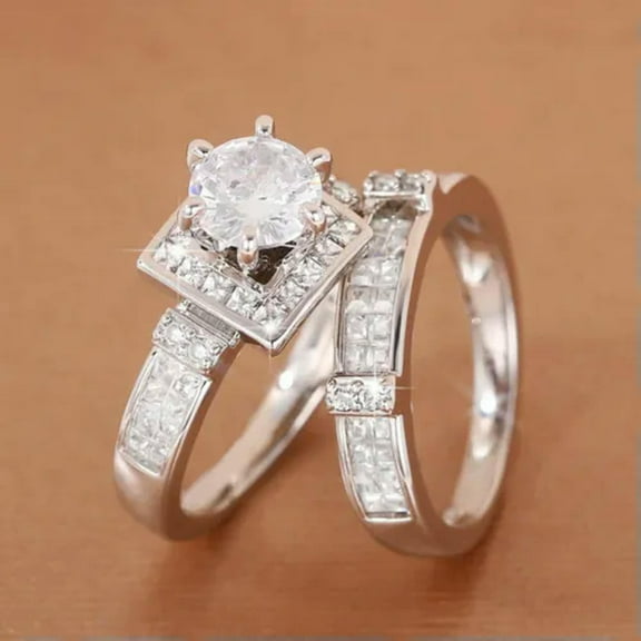 2 Pcs/Set Women 925 Silver Ring Cubic Zirconia Fashion Engagement Gifts Sz 6-10