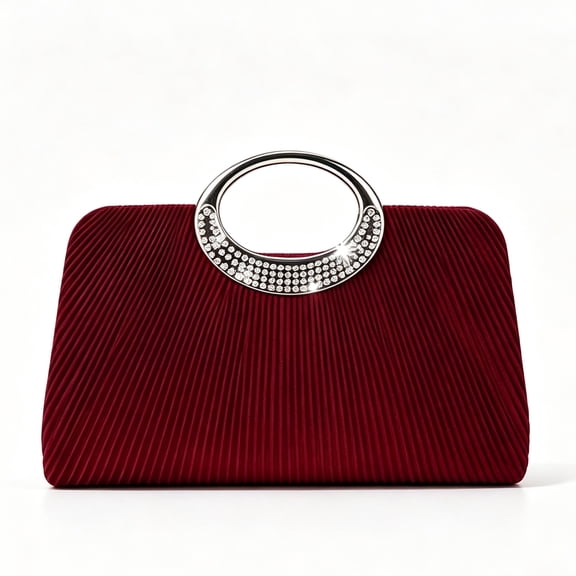 Women’s Burgundy Evening Clutch Purse, Pleated Formal Handbag with Rhinestone Ring Handle