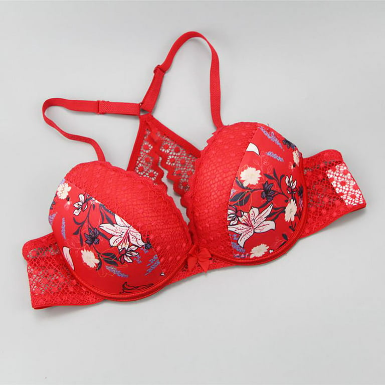 Odeerbi Plus Size Lounge Bras for Women 2024 Fashion Printed Lace Bra  Wireless One-Piece Everyday Underwear Red 