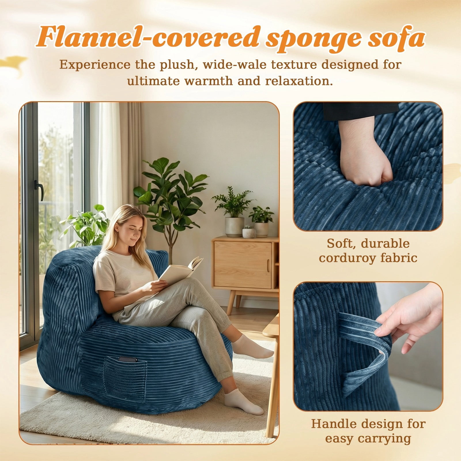 TOPCHANCES Large Bean Bag Chair for Adults, Crushed Foam Floor Chair with Storage Pocket & Carry Handle,  Indoor Lazy Lounger Sofa for Living Room Bedroom, Sea Blue