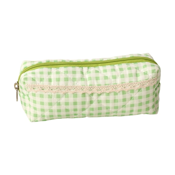 Cute Pencil Pouch, Quilted Gingham Pencil Case with Lace Accent, Zipper Organizer Bag for Office Desk Artists Travel and Makeup Storage, 6.7 Inch