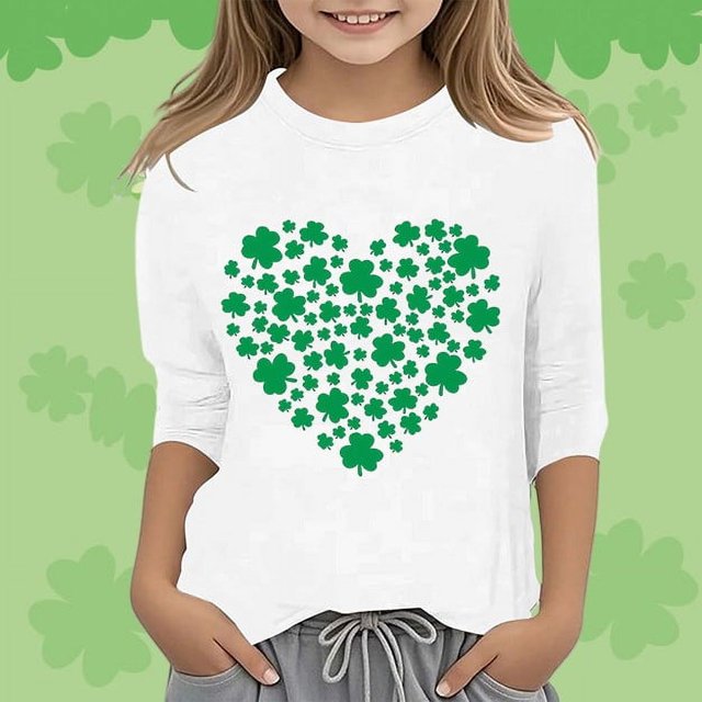 BYHONG T-Shirt Graphique pour Filles, Col Rond, Manches 3/4, Tunique Décontractée pour Enfants, Blanc 130
