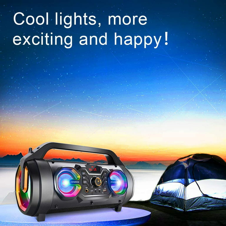 Bluetooth Speakers, 30W Portable Bluetooth Boombox with Subwoofer, FM Radio, RGB Colorful Lights, EQ, Stereo Sound, Booming Bass, 10H Playtime