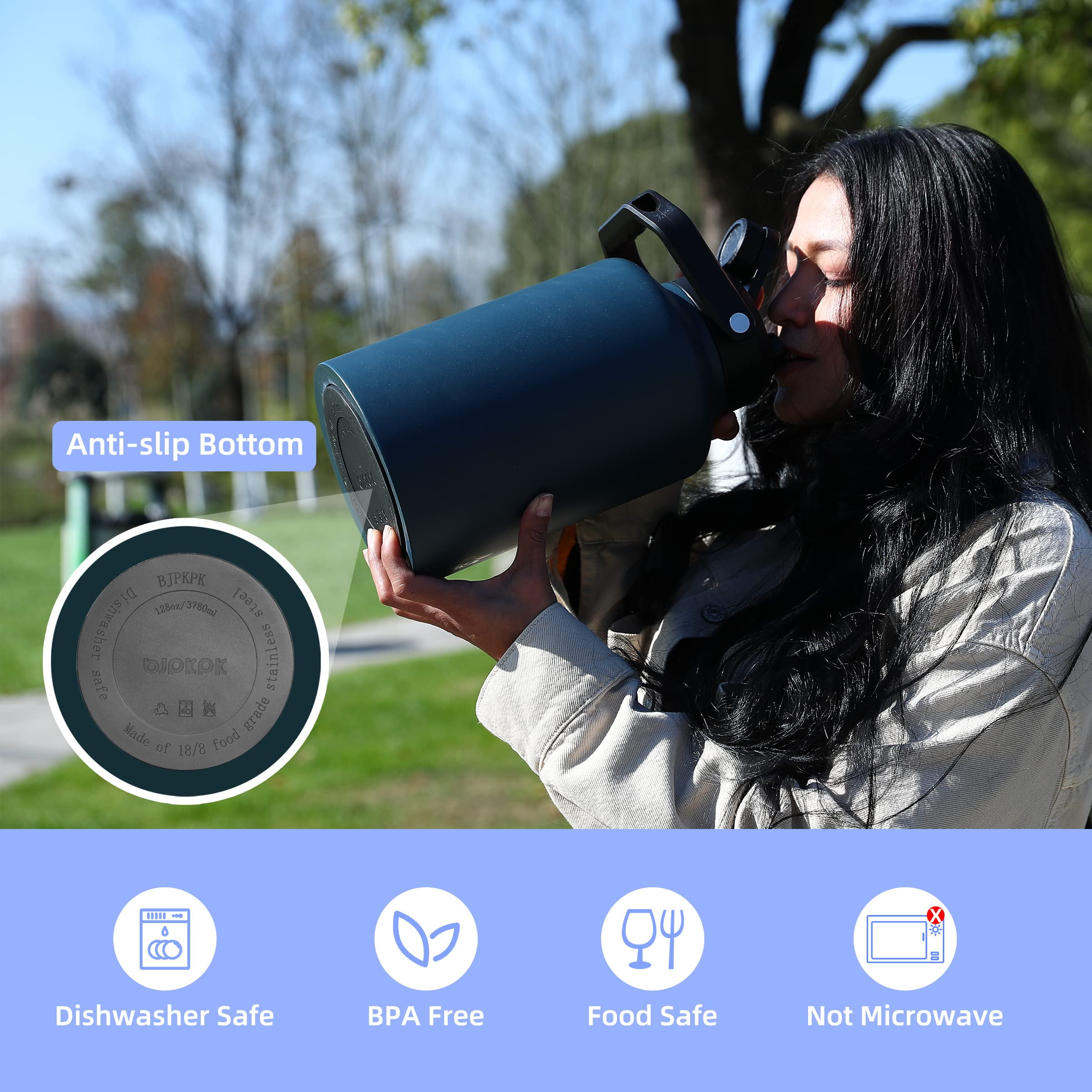 BJPKPK 128oz Insulated Water Bottle with Wide Mouth, One Gallon Stainless Steel Water Bottle with Handle, One Gallon Water Jug for Sports, Travel, Stainless Steel