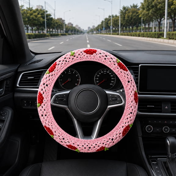 Crochet Steering Wheel Cover, Cute Pink Strawberry Pattern Car Accessory with Soft Cotton Yarn for 14-15 Inch Wheels