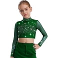 thumbnail image 3 of vastwit Kids Girls Sparkly Rhinestone Sheer Mesh Long Sleeve Shirt Skating Gymnastics Lyrical Dance Crop Top Green 6, 3 of 5