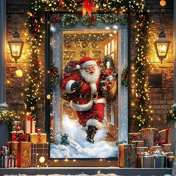 Cortina de puerta de Navidad - Fondo impermeable de escenas navideñas de poliéster para puertas y ventanas, 1 cuenta