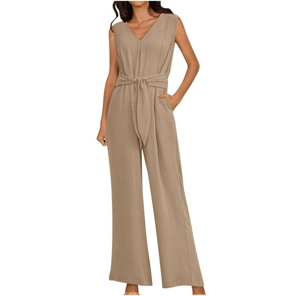 ZZwxWA Womens Jumpsuit Womens Fashion Summer Solid Casual V Neck Sleeveless Belted High Waist Long Pants Rompers Jumpsuits for Women Casual Tax Free Weekend