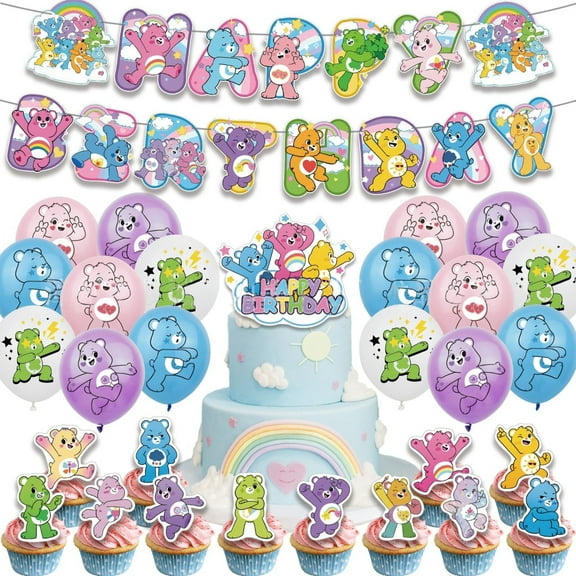 30 Piece Set Cartoon Care Bears Birthday Party Decoration Supplies, Cute Rainbow Bear Cupcake Toppers, Latex Balloon, Celebration Banner Flag Set