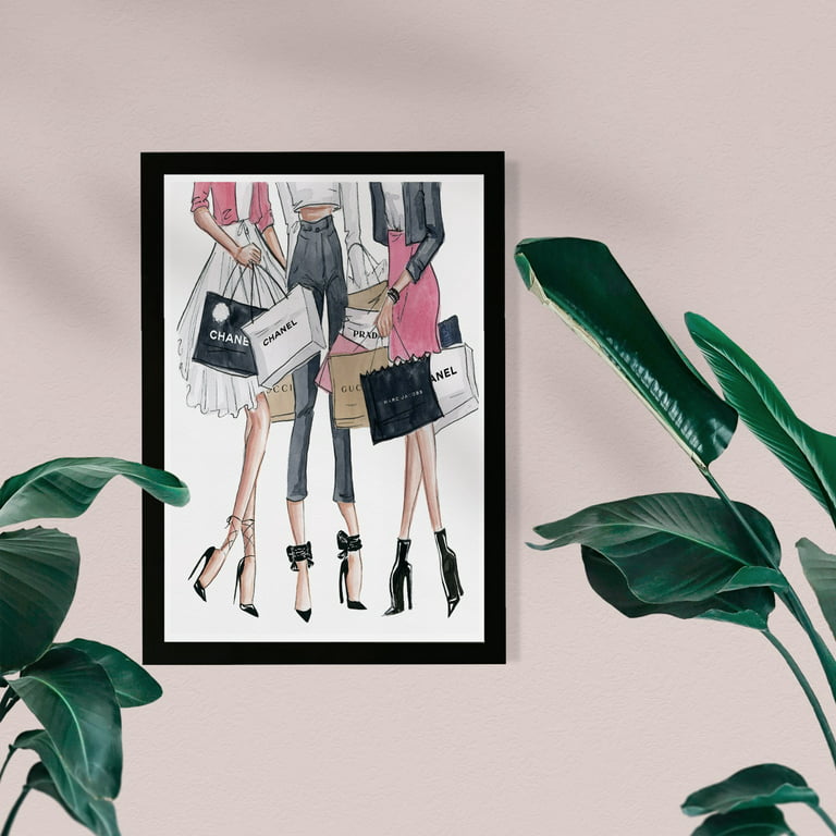 Wynwood Studio Fashion and Glam Framed Wall Art Prints 'Shopping Date'  Outfits Home Décor - Pink, Black, 13 x 19 