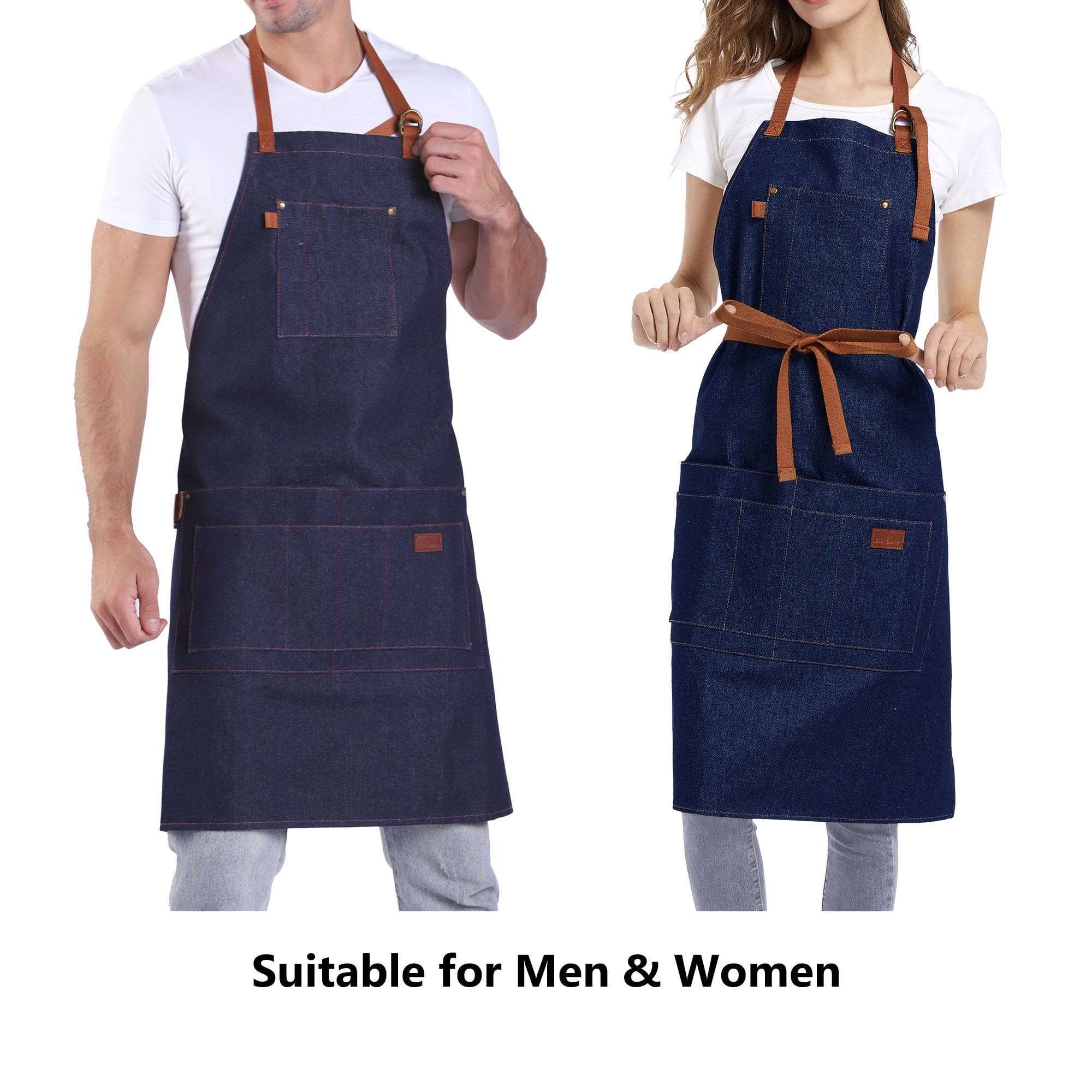 Denim Apron with Pockets for Men Women Large Bib Apron for Cooking Grilling Baking Working Gift