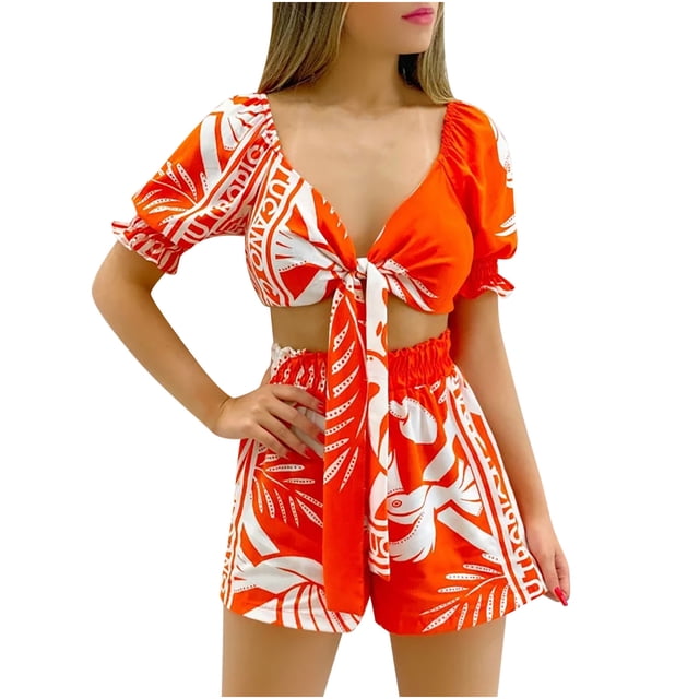 Moda mujer Sexy verano Casual manga corta estampado cuello en V Top pantalones cortos dos conjuntos Pompotops qwe22934