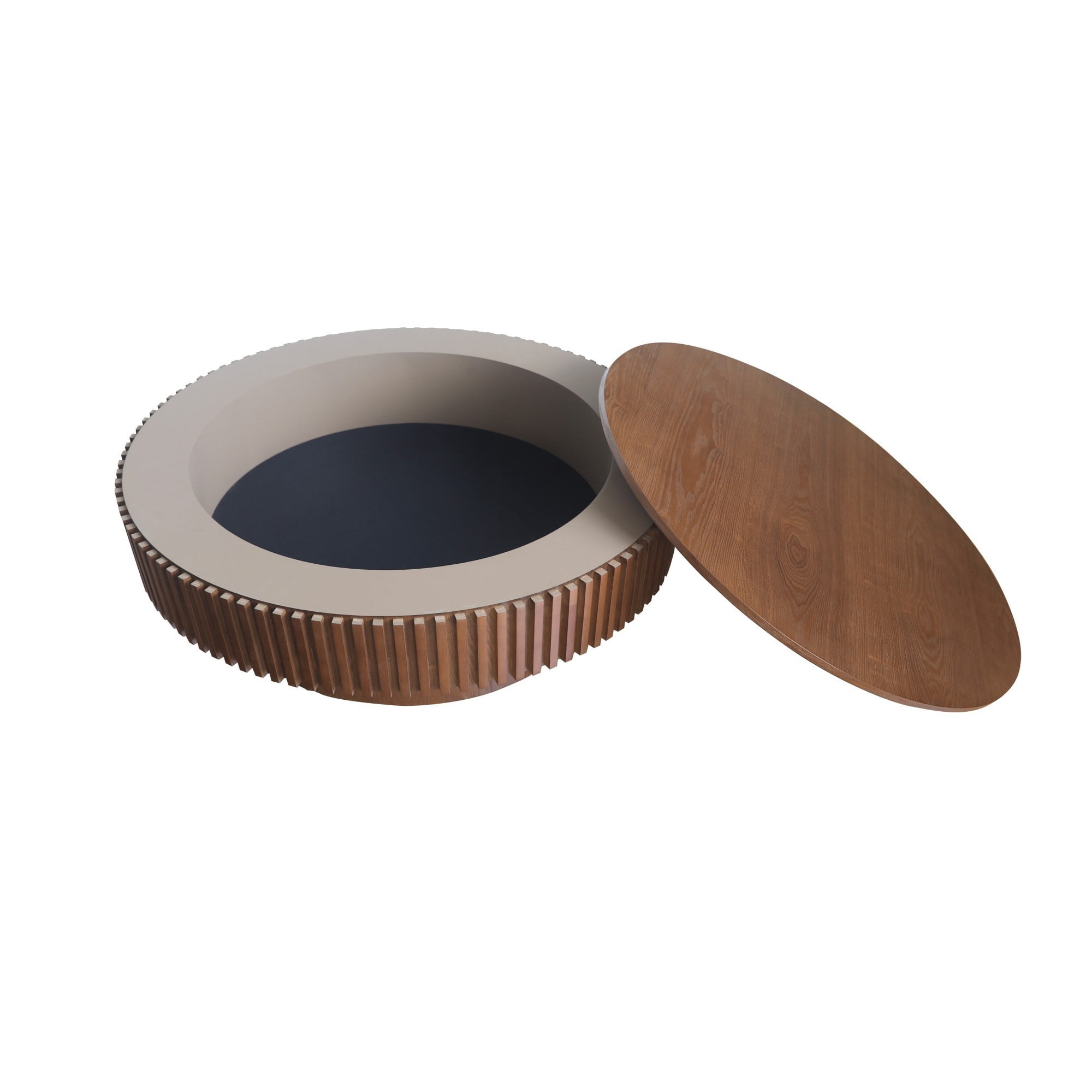 39.37" Round Coffee Table with Storage, Fluted Modern Coffee Table with Hidden Storage, Wood Veneer Center Table for Living Room, Walnut