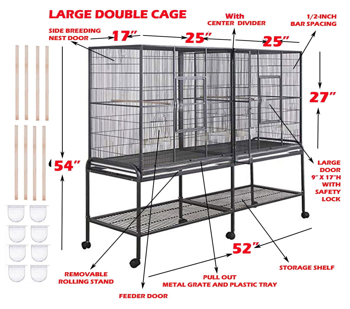 LARGE Double Center Dividered Flight Bird Breeder Rolling Cage Side Nest Box Doors For Breeding Canary Parakeet Cockatiel Lovebird Finches with Removable Stand