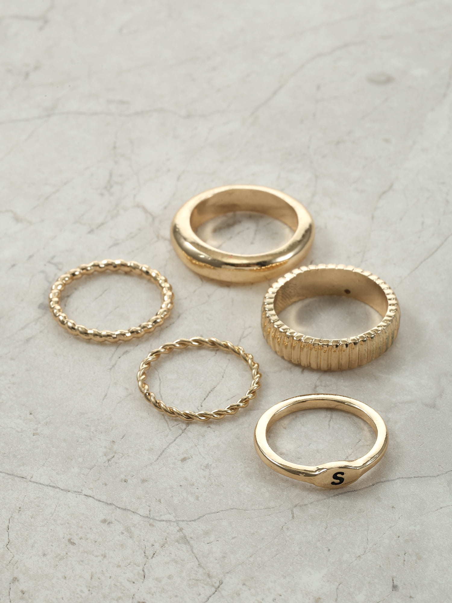 Time and Tru Silvertone Initial Ring Set, 5 Piece, Size 7, Initial S